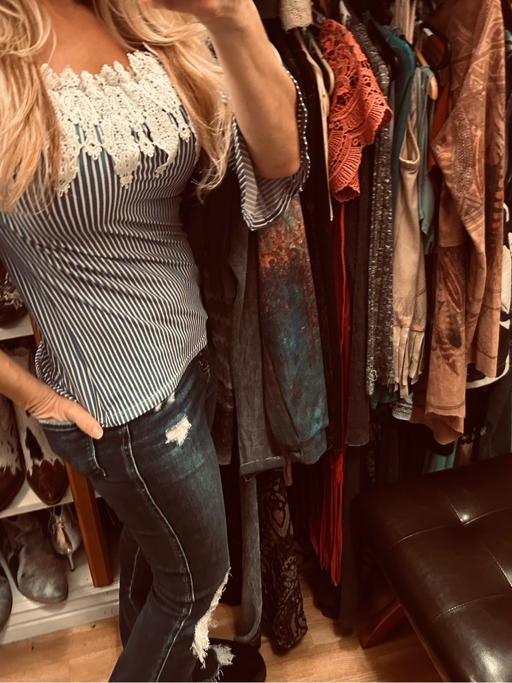 Blue Striped Off-Shoulder Tunic with Ivory Lace Trim - Picture 3 of 3